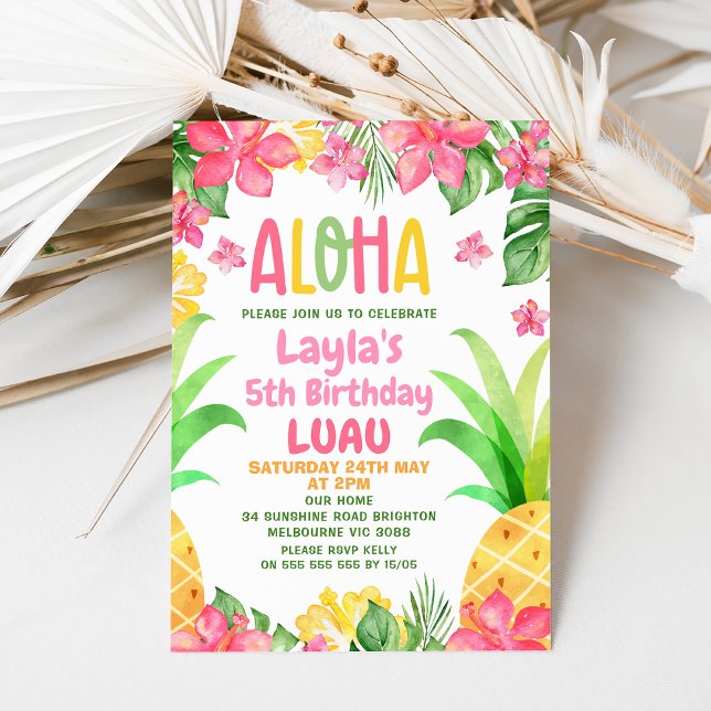 Rosa Ananas Aloha Luau Geburtstag Einladung (Aloha Luau Birthday Invitation, Hawaiian birthday invite, Pineapple Birthday Invitation,
Summer)