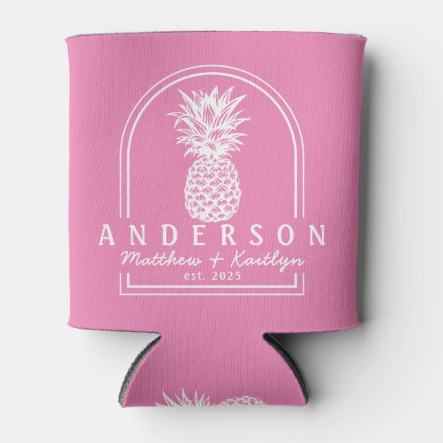 Rosa Ananas Hochzeitsbogen & Name Dosenkühler (Vorderseite)