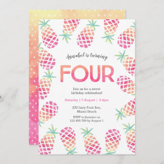 Rosa Ananas tropisch 4. Geburtstag Einladung