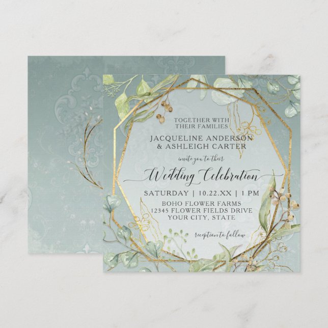 Rosa Anemone Twig Fern Eukalyptus Wreath Einladung (Vorne/Hinten)