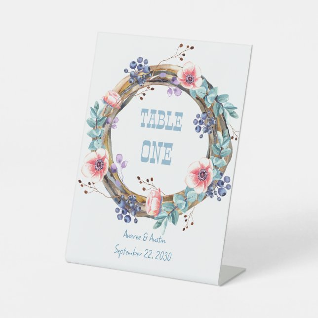 Rosa Anemonen und Blaubeeren Tabletop Sockelschild (Vorderseite)