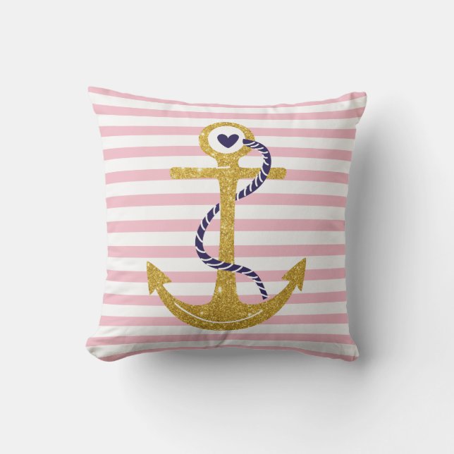 Rosa Ankerblüte, weiße Streifen nautische Kissen (Vorderseite)