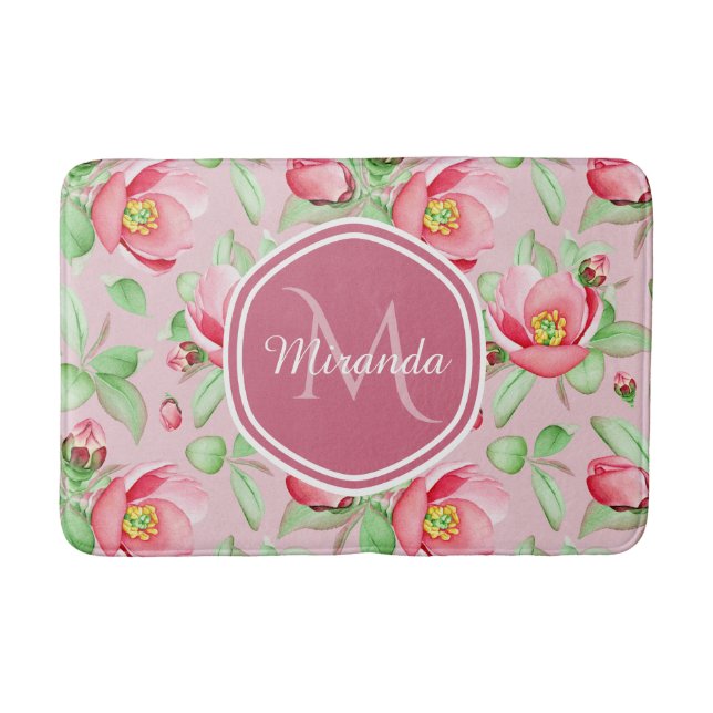 Rosa Apfelblüten-Monogramm Badematte (Vorderseite)