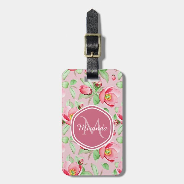Rosa Apfelblüten-Monogramm Gepäckanhänger (Vorderseite vertikal)
