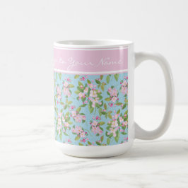 Rosa Apple Blossom auf Sky Blue, rosa Band für den Kaffeetasse