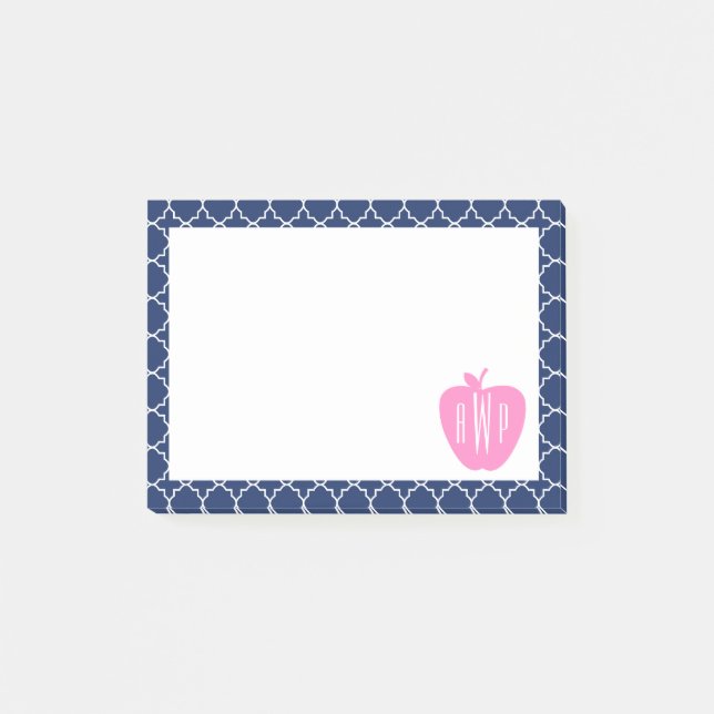 Rosa Apple-Marine Quatrefoil Monogramm-Lehrer Post-it Klebezettel (Vorderseite)