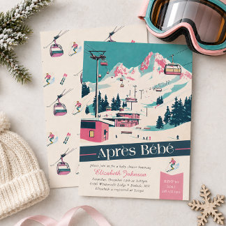 Rosa Après Bébé Retro-Ski-Baby-Shower-Einladung Einladung