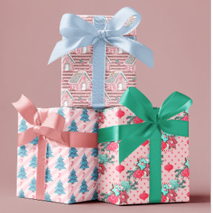 Rosa Aqua Blaue Bunte Weihnachtsbaum Kekse Geschenkpapier Set