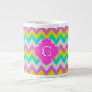 Rosa Aqua Gelb, Zickzack Quatrefolienmonogramm Jumbo-Tasse