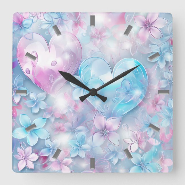 Rosa Aqua Herz und Blume Wall Clock Quadratische Wanduhr (Vorderseite)
