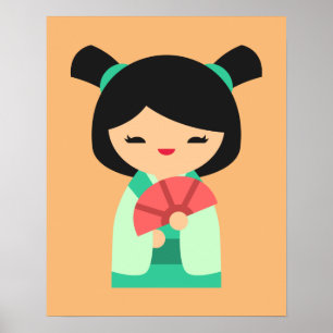 Rosa Aqua Kokeshi Japanische Puppen Poster