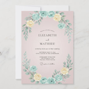 Rosa- Aqua- Kranz Hochzeit Einladung