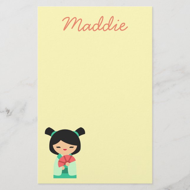 Rosa Aqua und pfirsichfarbene Kokeshi Japanische P Briefpapier (Vorderseite)