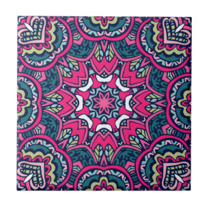Rosa, Aquamarin und grün florales Mandala Fliese