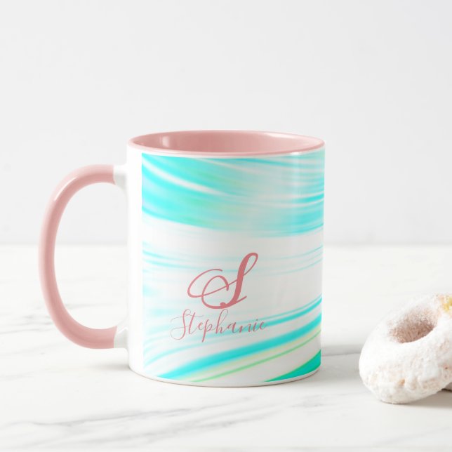 Rosa Aquamarine Blue Wave Monogramm-Initialen Abst Tasse (Mit Donut)