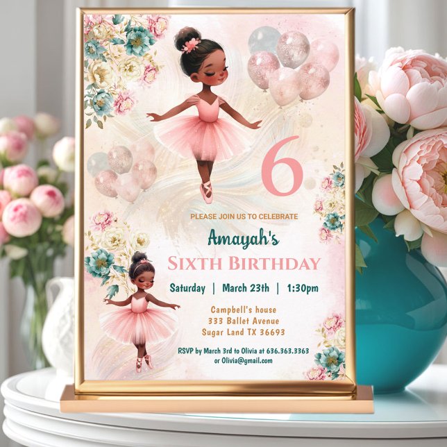 Rosa Aquamarine Blütendarme Skin Ballerina Girl Ge Einladung (Pink Teal Floral Dark Skin Ballerina Girl Birthday Invitation)
