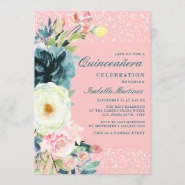 Rosa Aquamarine Creme Blumenquinceanera Geburtstag Einladung