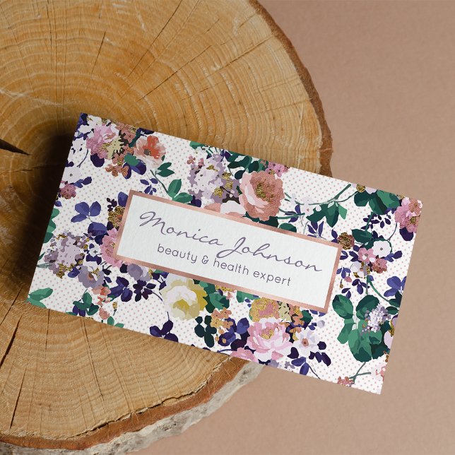 Rosa aquamarine, lila Goldpolka-Punkte Visitenkarte (Pink teal purple gold polka dots floral business card )