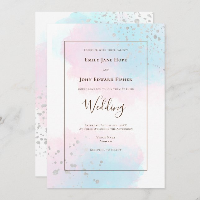 Rosa Aquamarine Wasserfarben Silver Confetti Weddi Einladung (Vorne/Hinten)