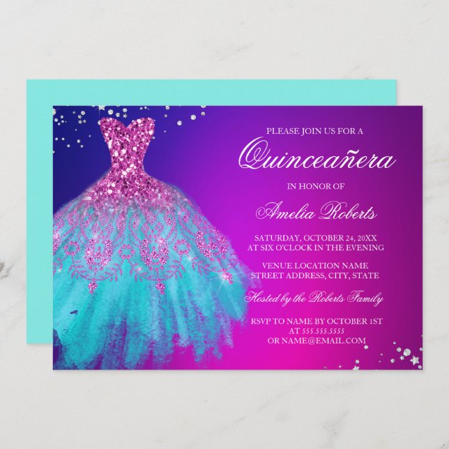 Rosa Aquamarines Sparkle Dress Quinceanera Einladu Einladung (Vorne/Hinten)