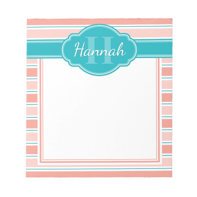 rosa Aquamarines Streifenmuster Monogramm Notizblock (Vorderseite)