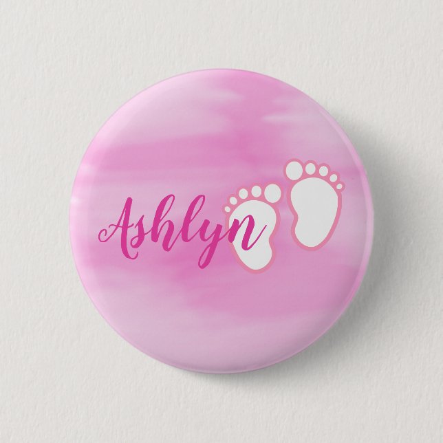 Rosa Aquarell-Abdruck-kleiner Baby-Fuß-Name Button (Vorderseite)