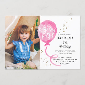 Rosa Aquarell-Ballon-Goldconfetti-Geburtstag Einladung