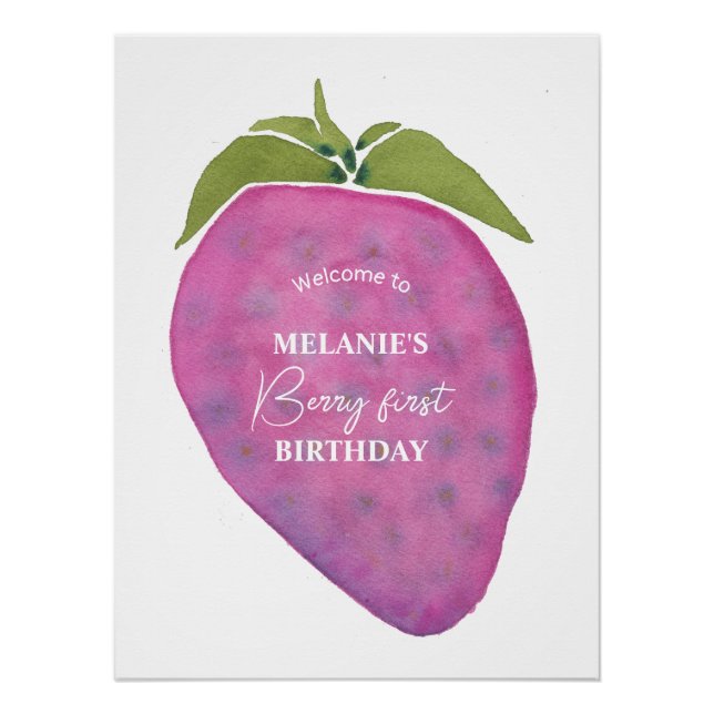 Rosa Aquarell Berry Erster Geburtstag Willkommen Poster (Vorderseite)