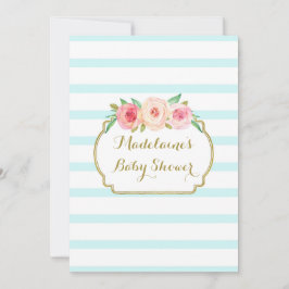 Rosa Aquarell Bläserblau Streifen Babydusche Einladung