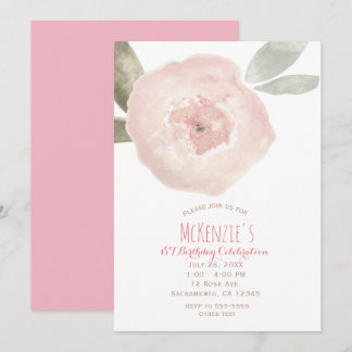 Rosa Aquarell Blume 1. Geburtstag Party Einladung