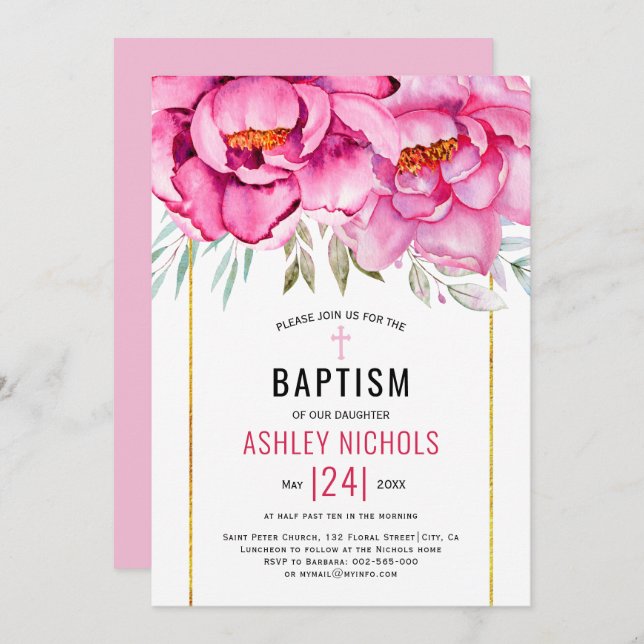 Rosa Aquarell Blume Blumenmädchen Taufe Einladung (Vorne/Hinten)