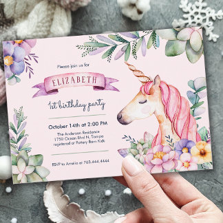 Rosa Aquarell Blume Einhorn Girl Birthday Einladung