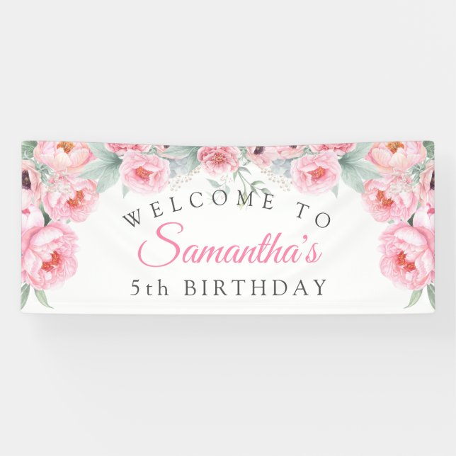 Rosa Aquarell-Blume, Girl Birthday Banner (Horizontal)