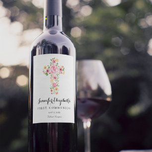 Rosa Aquarell Blume Kreuz Erste Heilige Kommune Weinetikett