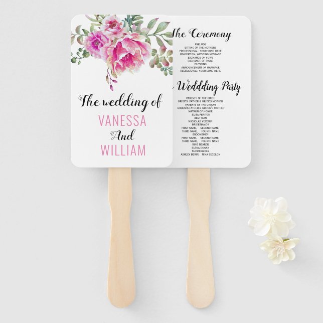 Rosa Aquarell Blume Typografie Hochzeitsprogramm Fächer (Vorne und Hinten)