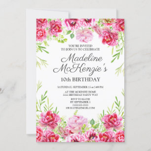 Rosa Aquarell Blumen Mädchen 10. Geburtstag Einladung