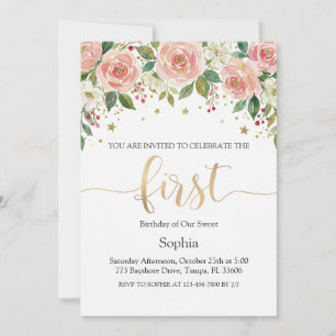 Rosa Aquarell Blumen Mädchen Erster Geburtstag Einladung