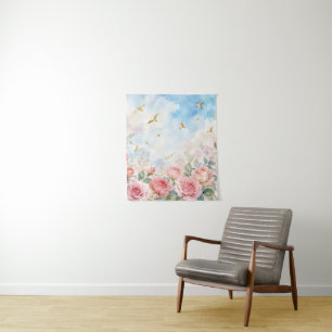 Rosa Aquarell-Blumen mit goldenen Vögeln Wandteppich