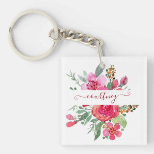 Rosa Aquarell Blumen personalisiert Schlüsselanhänger