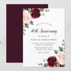 Rosa Aquarell-Blumen zum 40. Hochzeitstag Einladung
