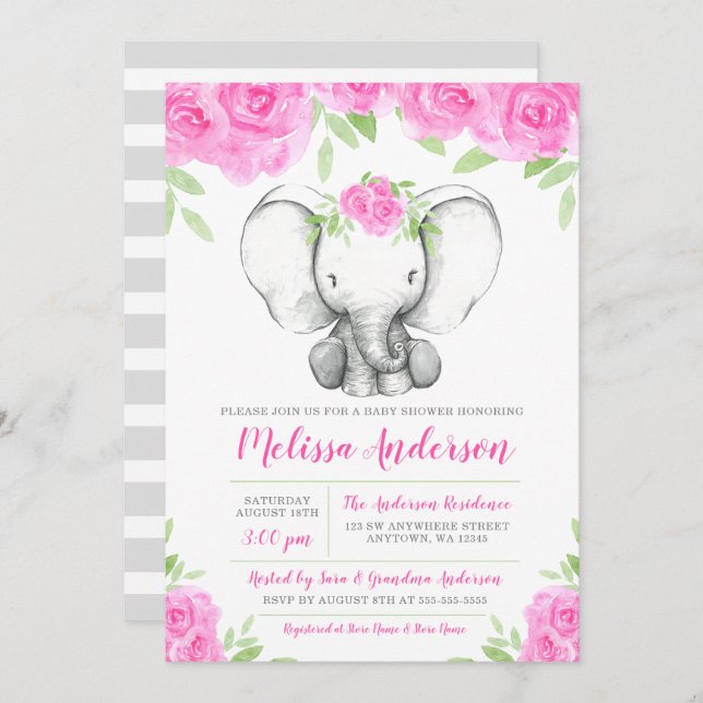 Rosa Aquarell-Blumenelefant-Babyparty Einladung (Vorne/Hinten)