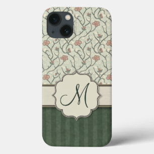 Rosa Aquarell-Blumenreben, Streifen und Monogramm iPhone 13 Hülle