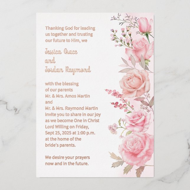 Rosa Aquarell Blumenrinde Hochzeit Rose Gold Folieneinladung (Vorderseite)