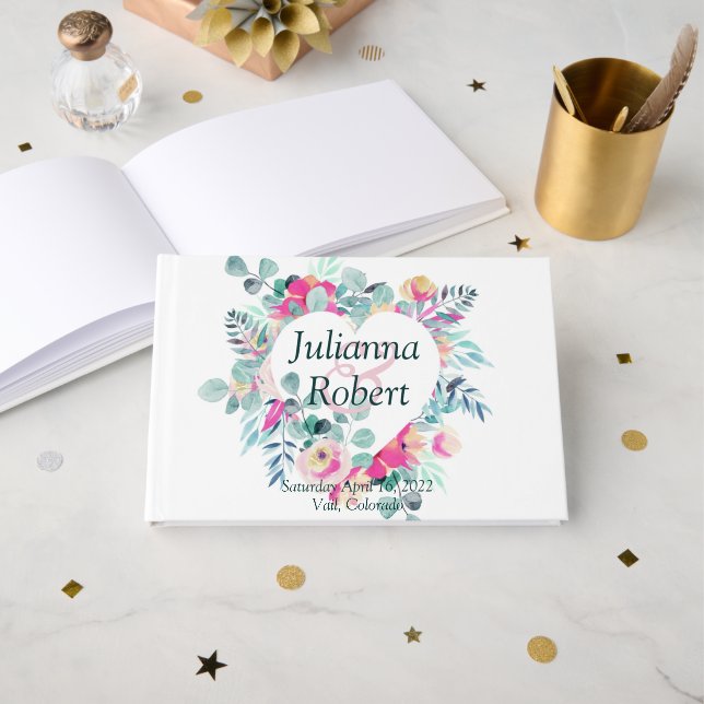 Rosa Aquarell Blütenherz Hochzeitsbuch Gästebuch (Vorderseite Offen)