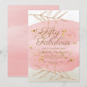 Rosa Aquarell Elfenbein und Goldeffekt 50. Geburts Einladung
