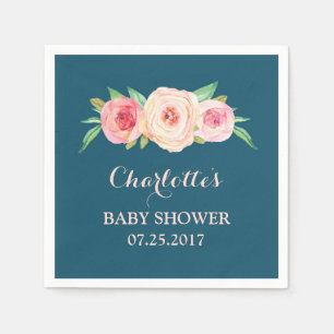 Rosa Aquarell-erröten Blumenmarine-Blau-Babyparty Serviette