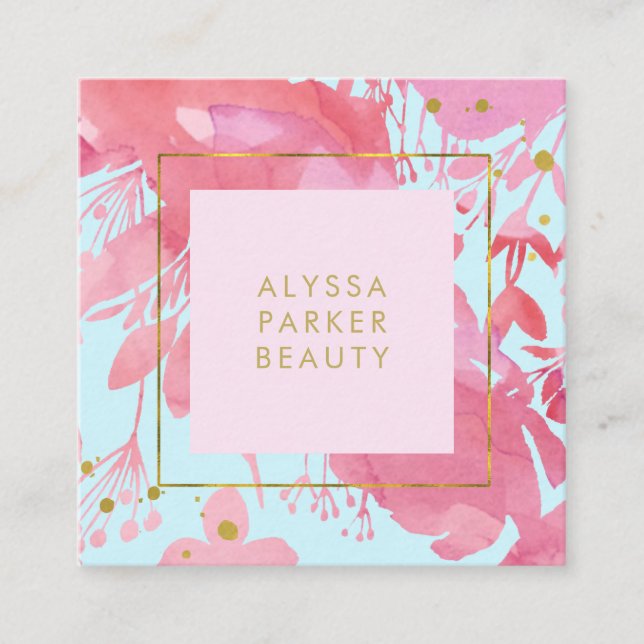 Rosa Aquarell Floral und Baby Blue mit Gold Quadratische Visitenkarte (Vorderseite)