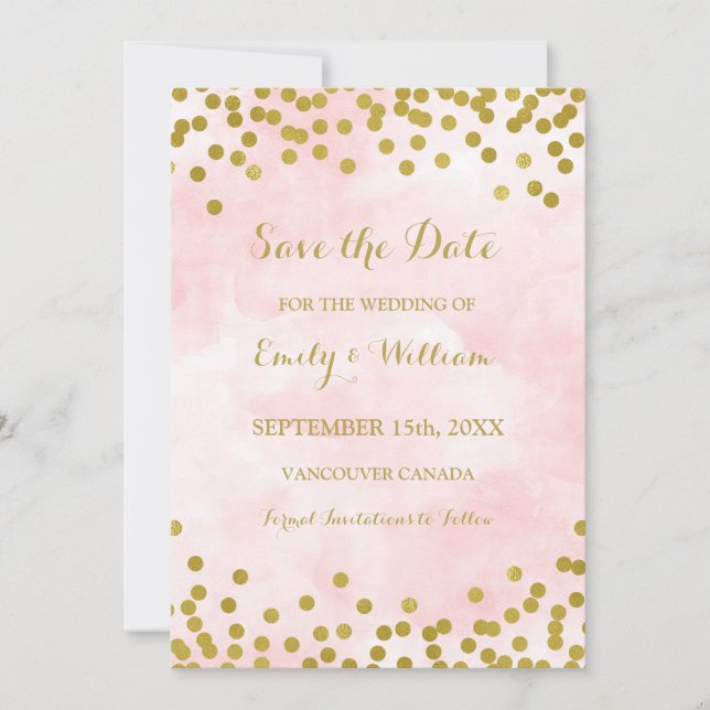 Rosa Aquarell Gold Confetti Foto Save the Date (Vorderseite)