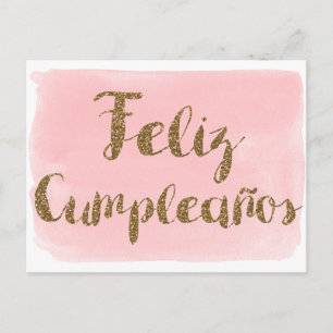 Rosa Aquarell Gold Glitzer Feliz Cumpleanos Postkarte