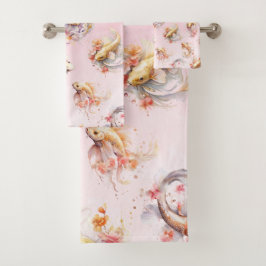 Rosa Aquarell Gold Koi Fisch Flora Badhandtuch Set